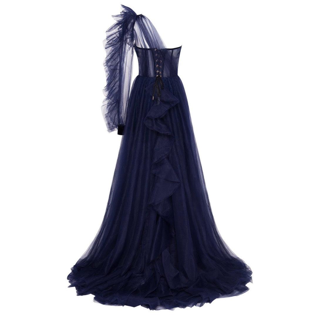 One-Shoulder Tulle Navy Gown with Ruffled Skirt
