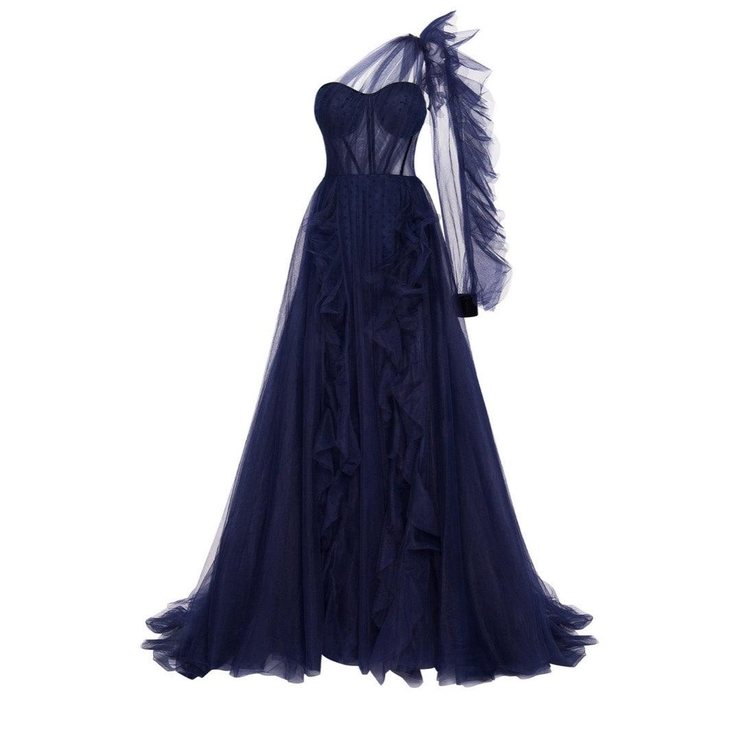 One-Shoulder Tulle Navy Gown with Ruffled Skirt