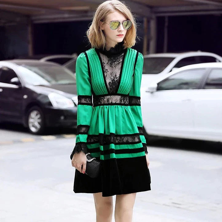 Lace & Velvet Pleated Crêpe Mini Dress in Green