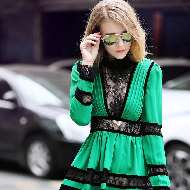 Lace & Velvet Pleated Crêpe Mini Dress in Green