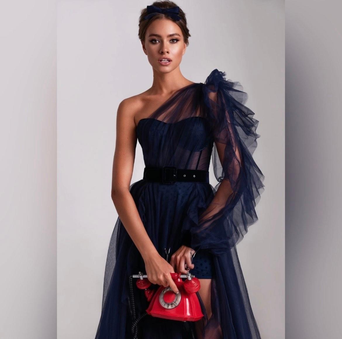 One-Shoulder Tulle Navy Gown with Ruffled Skirt
