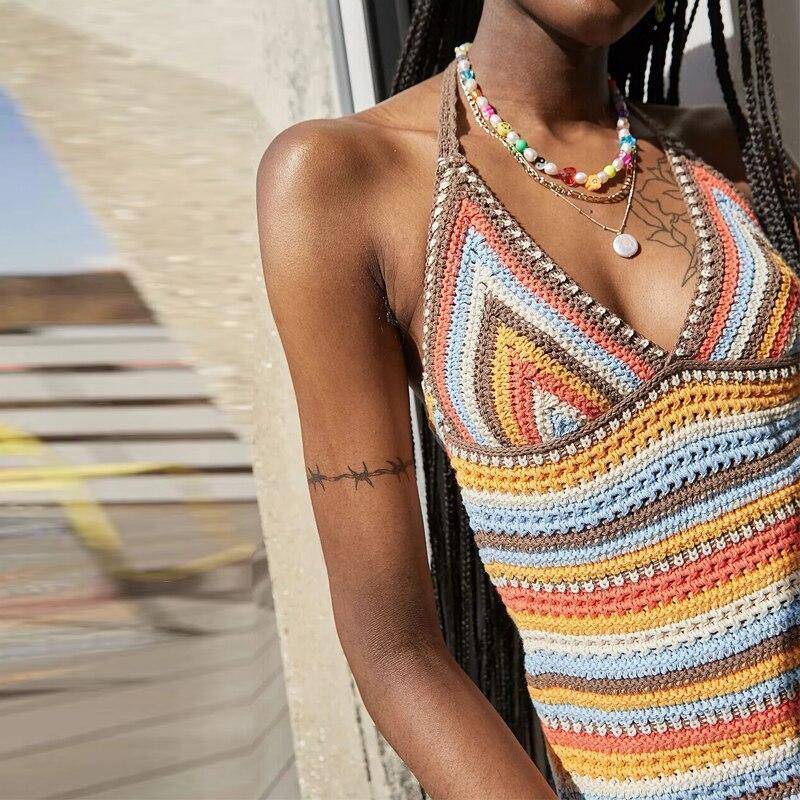 Bohemian Stripe Knit Crochet Halter Dress