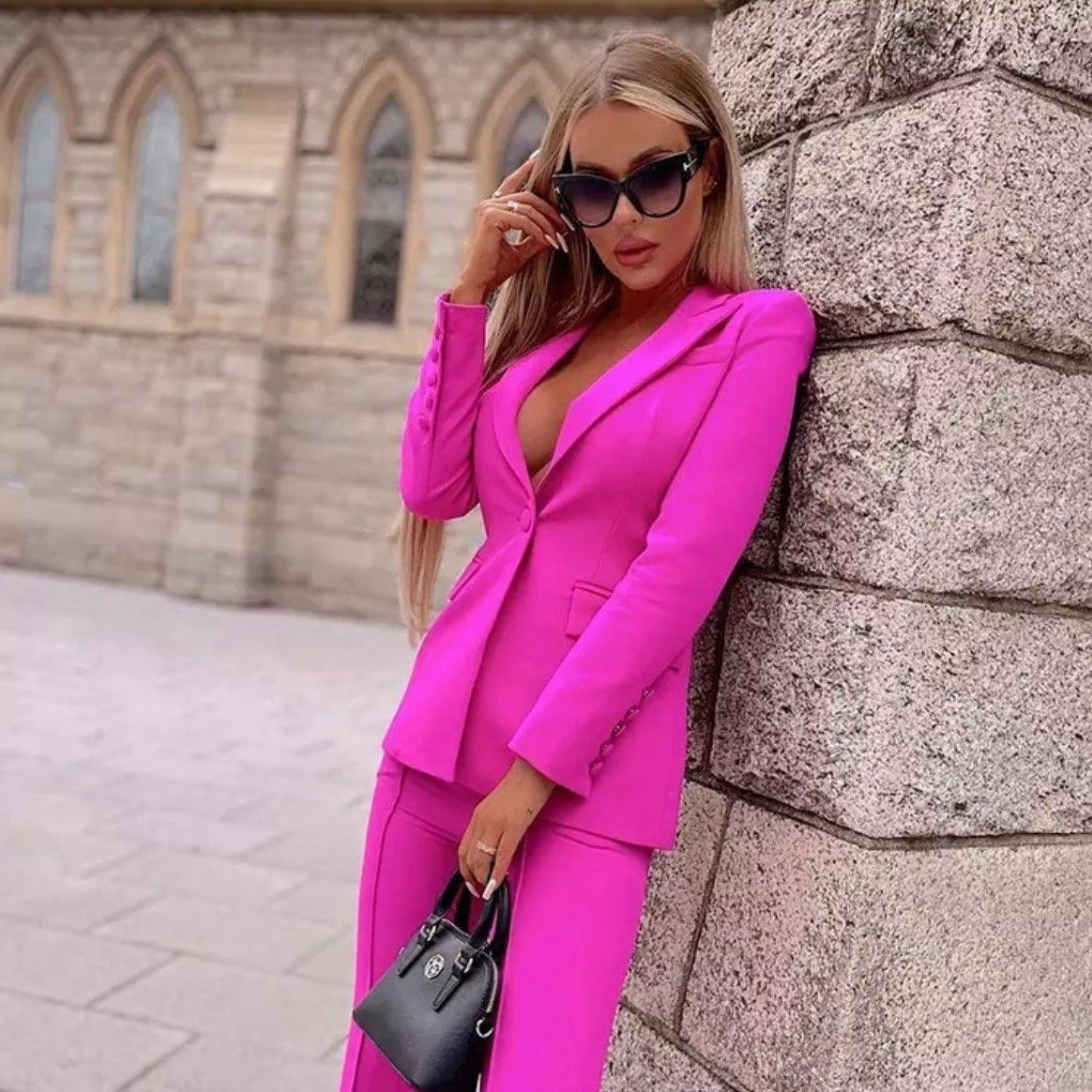 Naoma Blazer & Flared Pants Set in Fuchsia