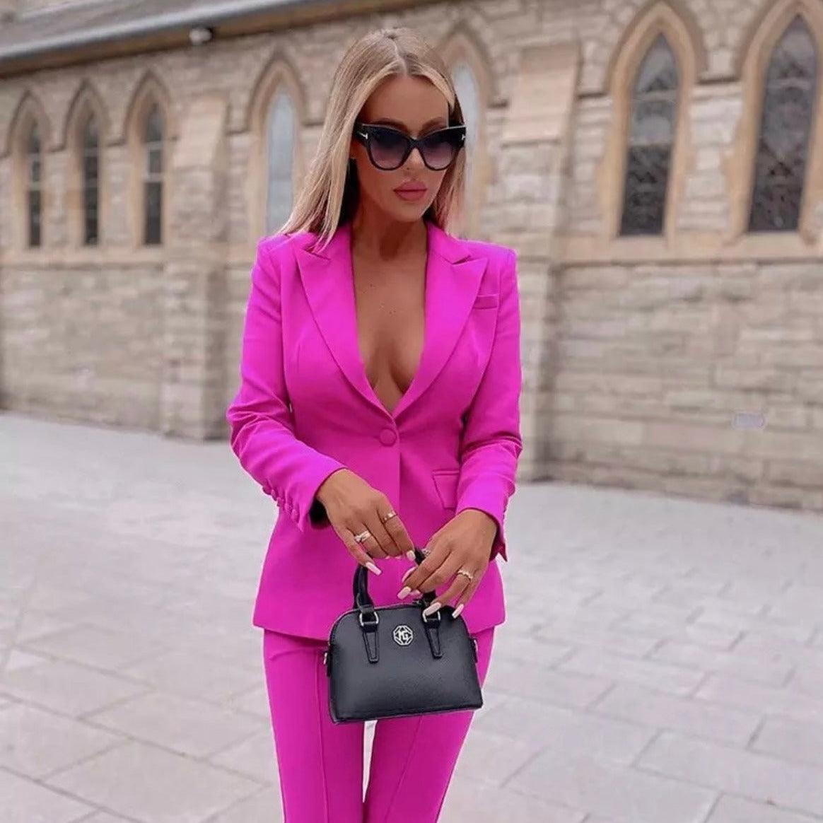 Naoma Blazer & Flared Pants Set in Fuchsia