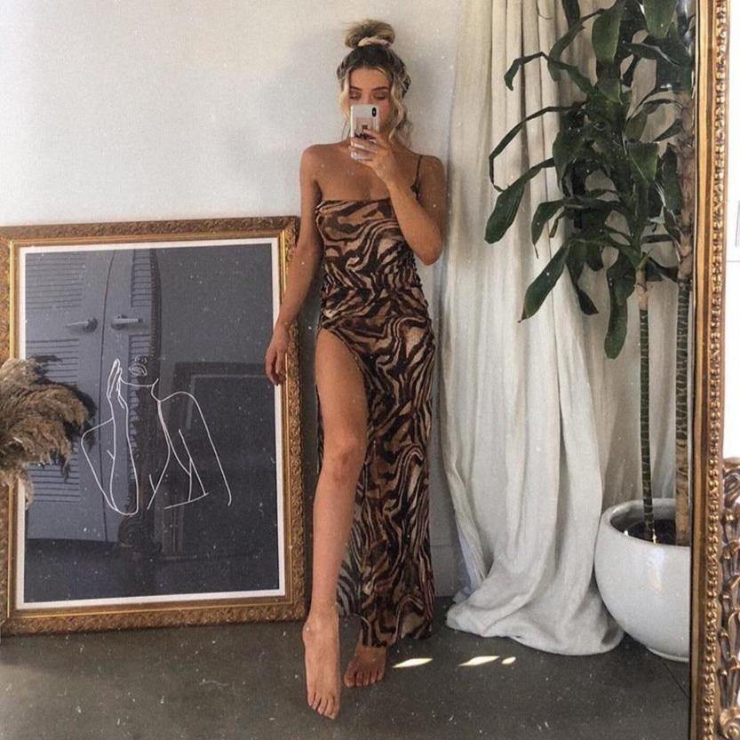 Tiger Print One Shoulder Maxi Dress